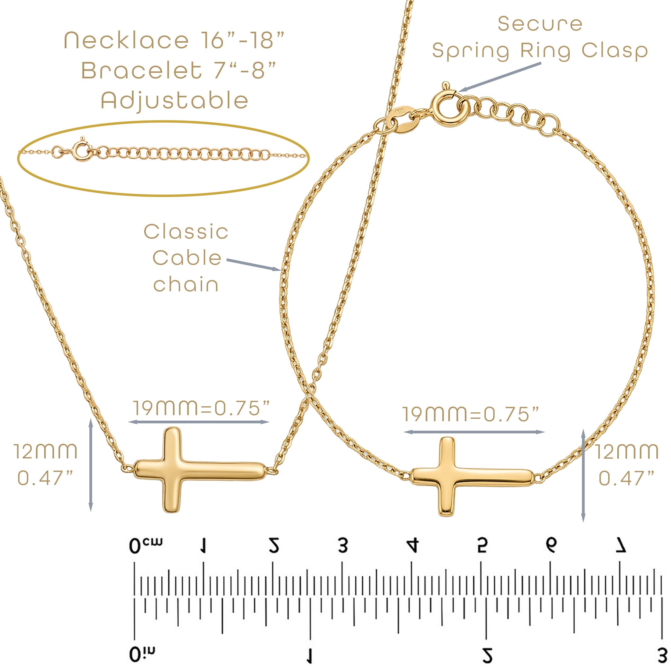 Sterling Silver or Gold Plated Sideways Cross Necklace & Bracelet Set