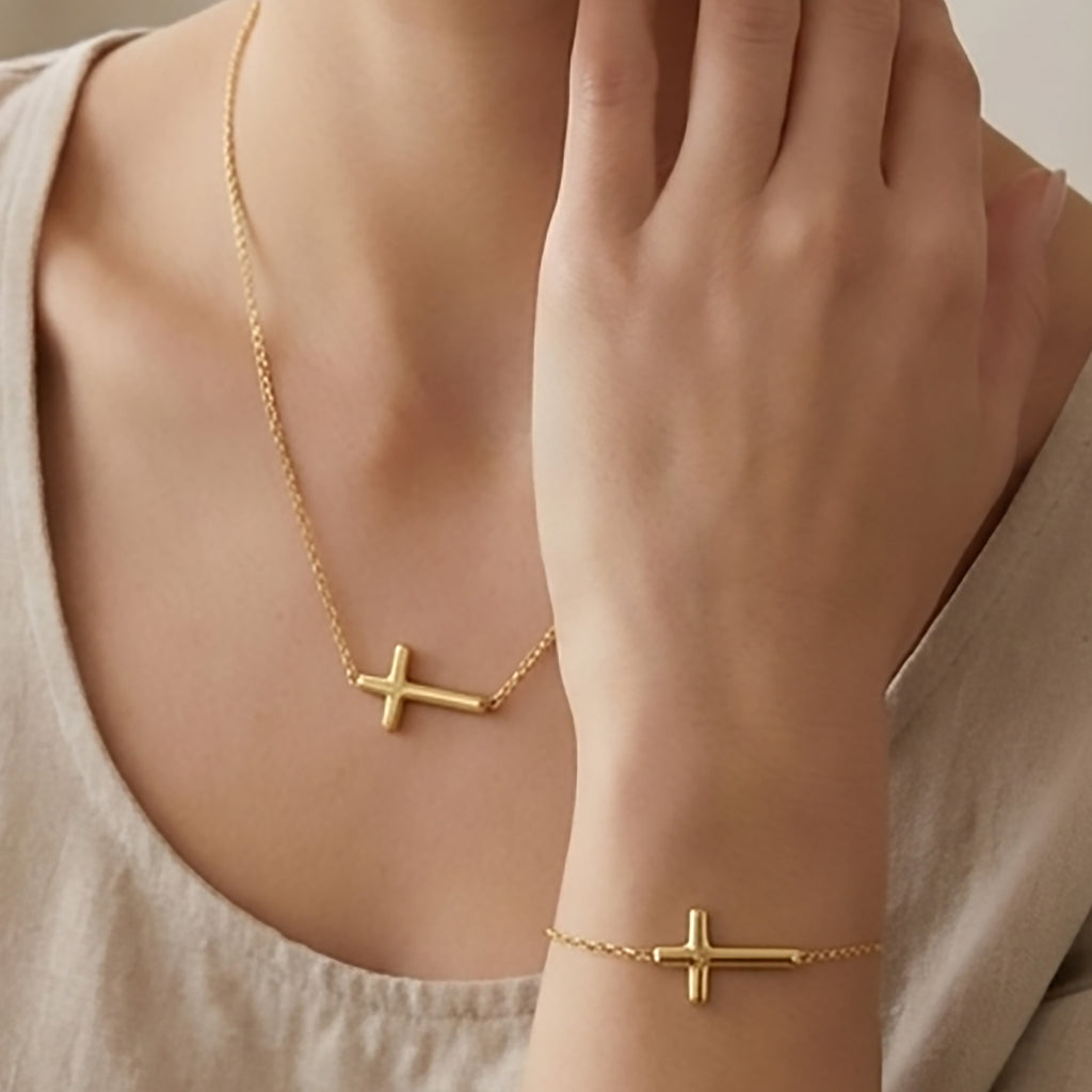 Sterling Silver or Gold Plated Sideways Cross Necklace & Bracelet Set