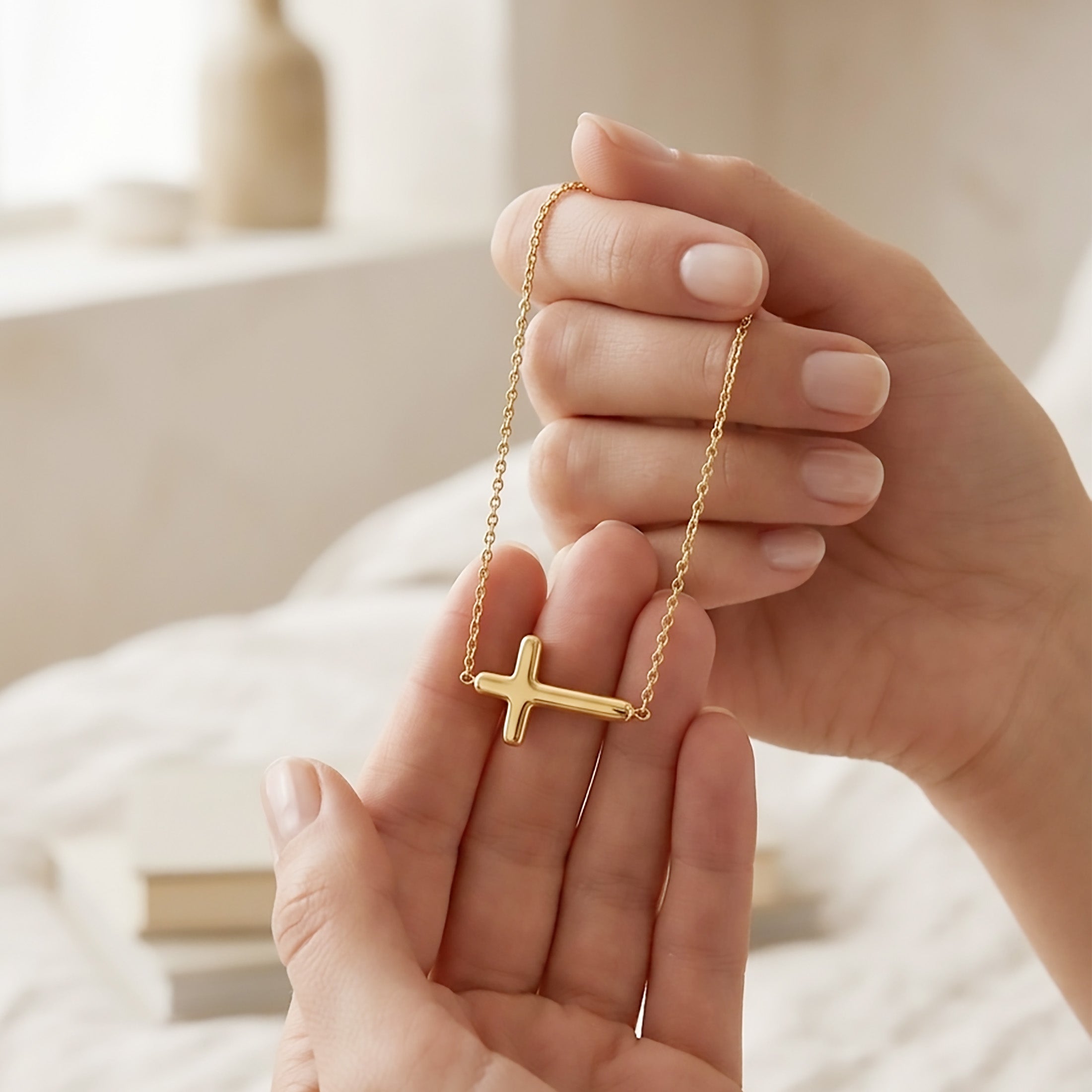 Sterling Silver or Gold Plated Sideways Cross Necklace & Bracelet Set