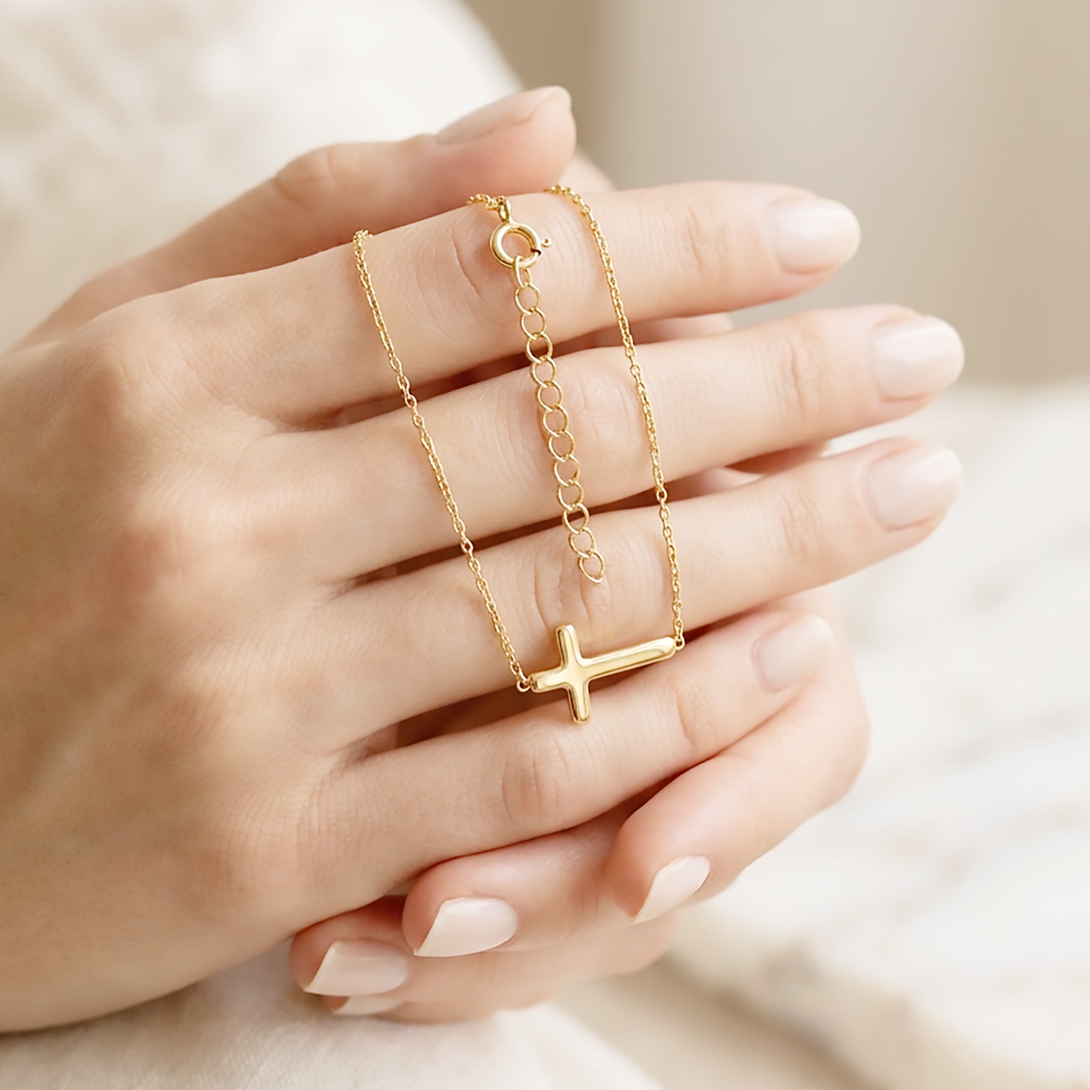 Sterling Silver or Gold Plated Sideways Cross Necklace & Bracelet Set