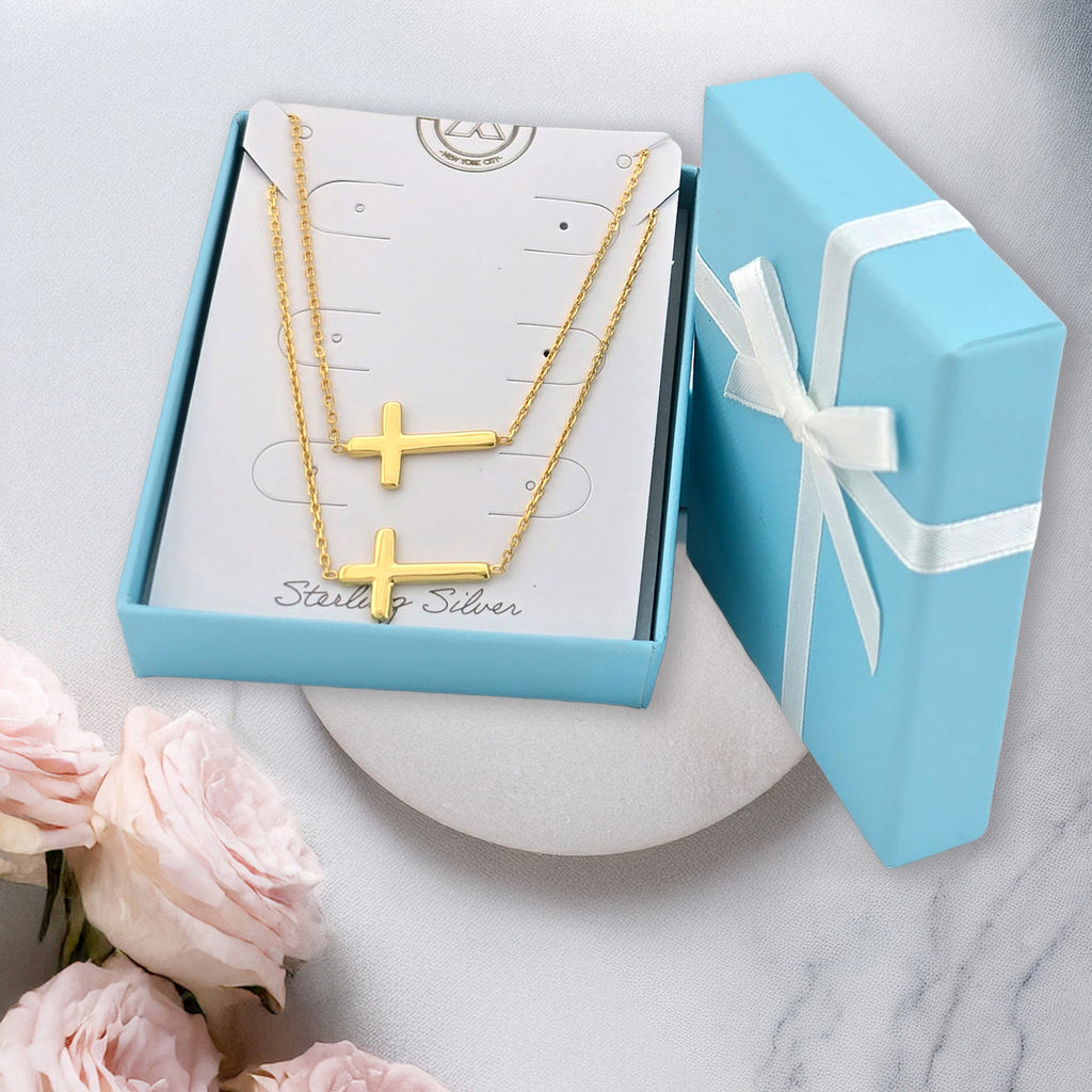 Sterling Silver or Gold Plated Sideways Cross Necklace & Bracelet Set