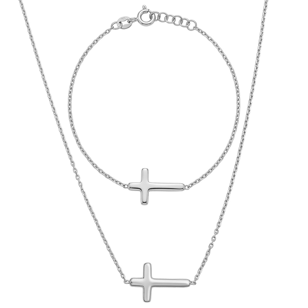 Sterling Silver or Gold Plated Sideways Cross Necklace & Bracelet Set