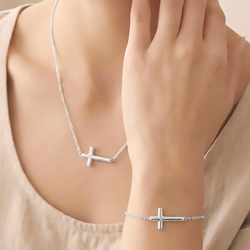 Sterling Silver or Gold Plated Sideways Cross Necklace & Bracelet Set