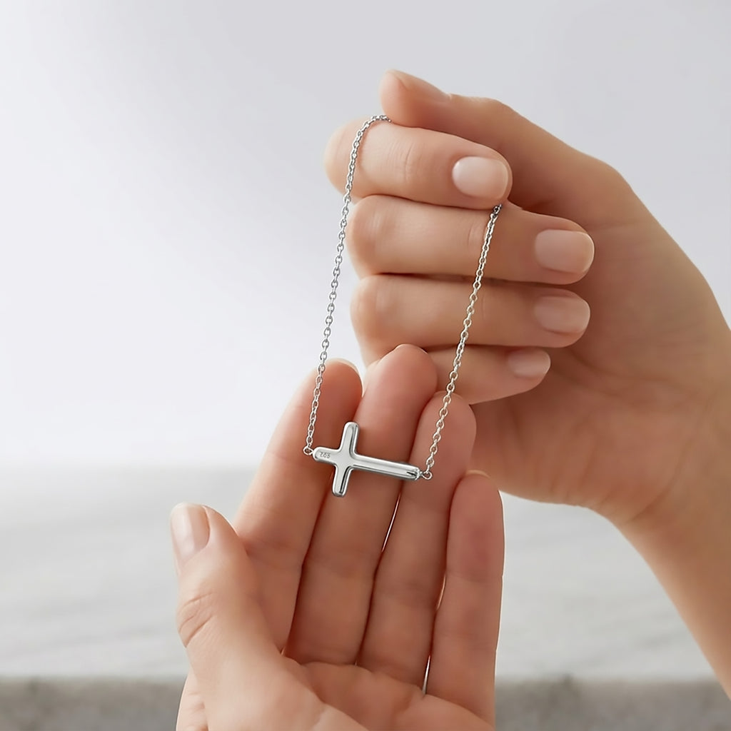 Sterling Silver or Gold Plated Sideways Cross Necklace & Bracelet Set