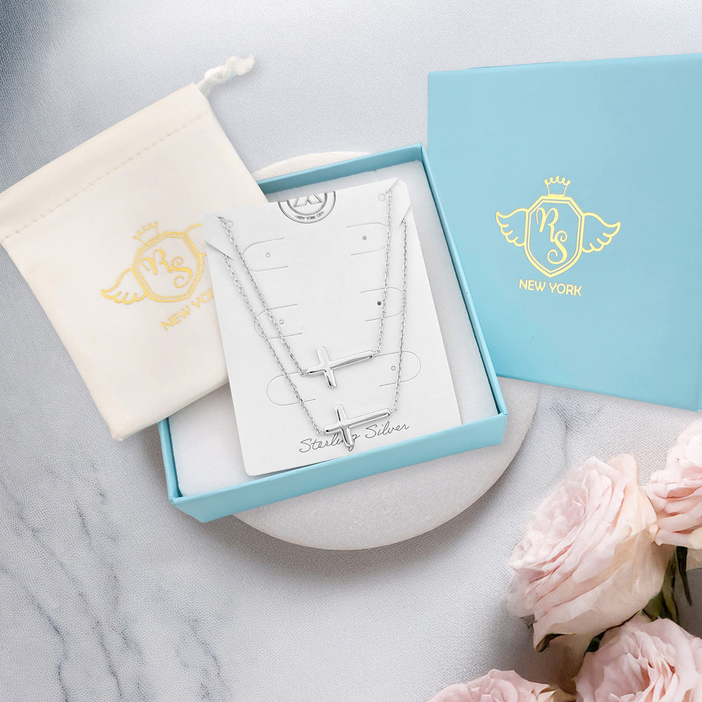 Sterling Silver or Gold Plated Sideways Cross Necklace & Bracelet Set