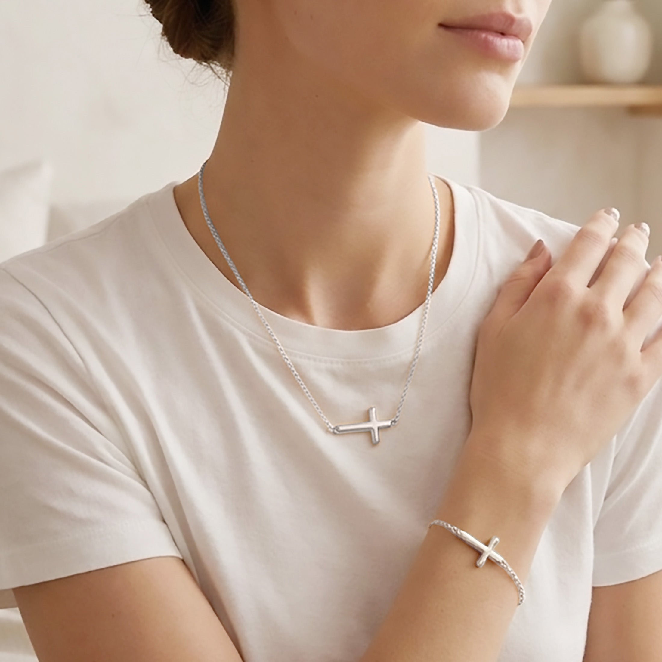 Sterling Silver or Gold Plated Sideways Cross Necklace & Bracelet Set