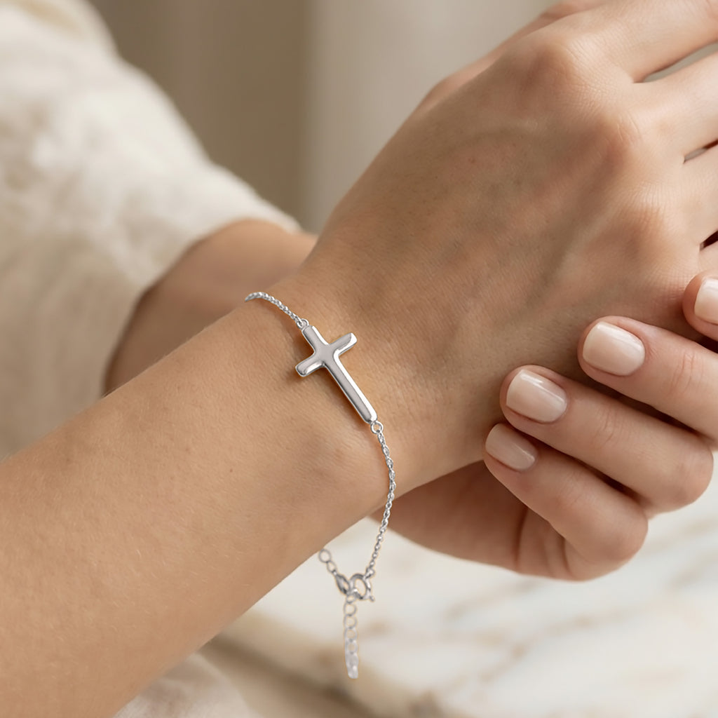 Sterling Silver or Gold Plated Sideways Cross Necklace & Bracelet Set