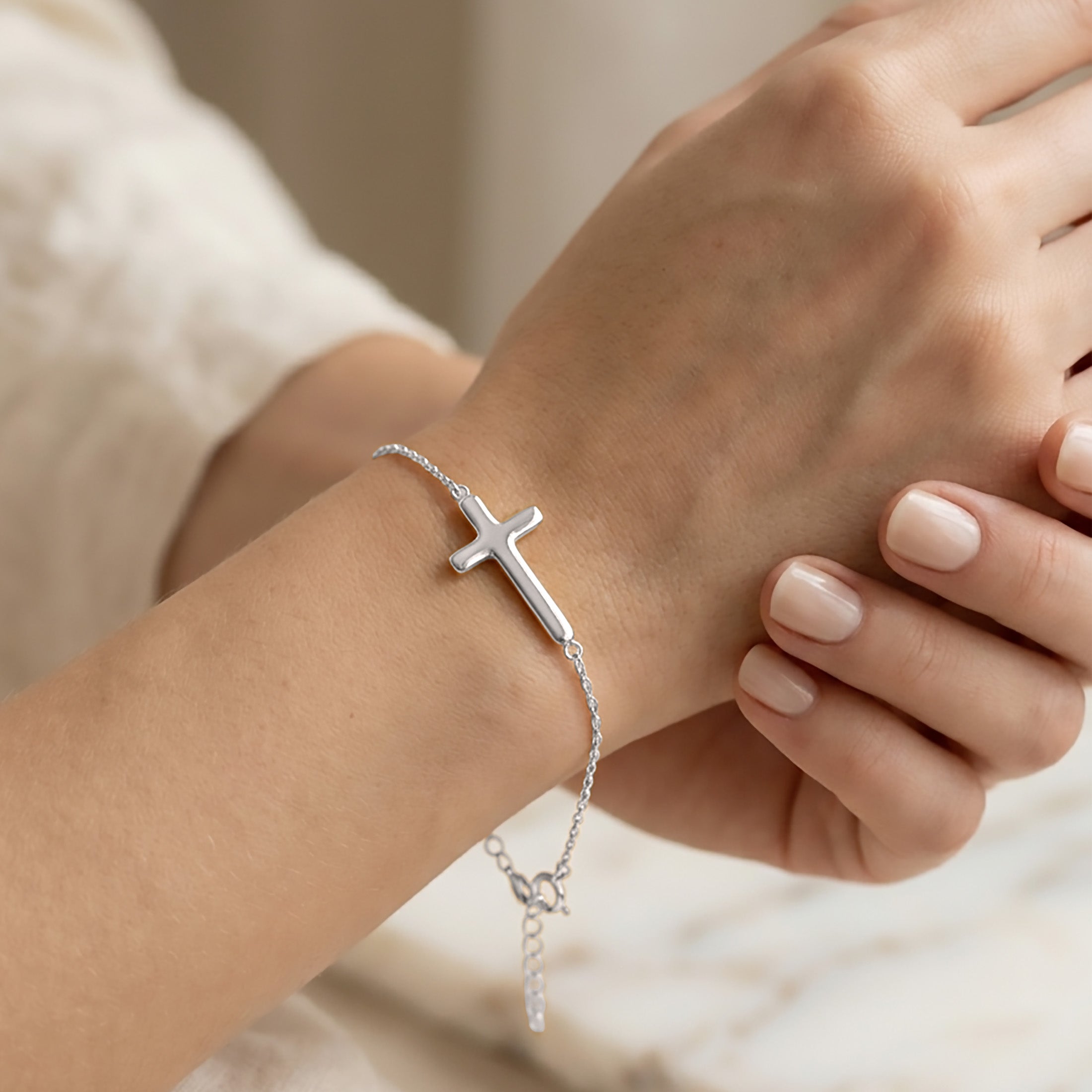 Sterling Silver or Gold Plated Sideways Cross Necklace & Bracelet Set