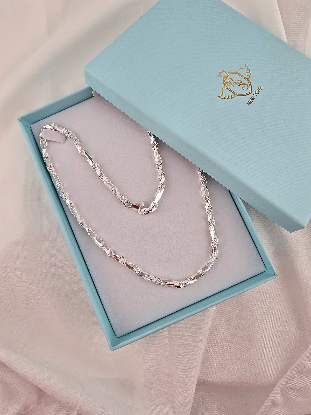 Men Necklace Real 925 Sterling Silver Figarope Chain Necklace, 6mm, 22 or 24 Inches