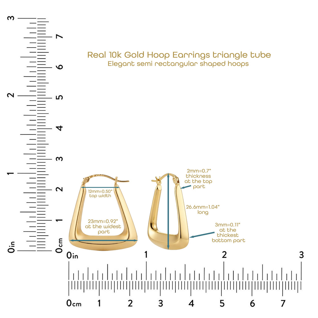 10k Yellow Gold Semi-Rectangular Hoop Earrings | Geometric Triangle Tube Hoops