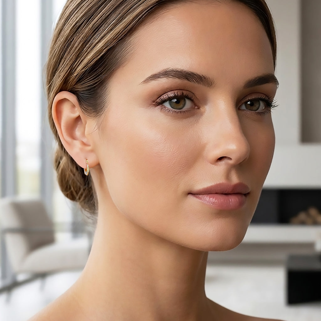 Real 10K Two Tone Gold Mini Hoop Earrings | 16mm Diamond Cut Hinged Hoops