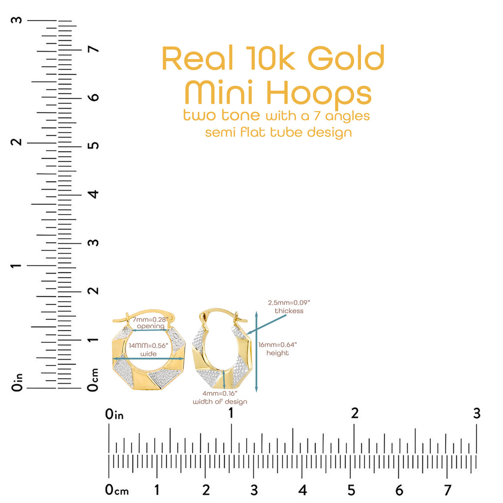 Real 10K Two Tone Gold Mini Hoop Earrings | 16mm Diamond Cut Hinged Hoops