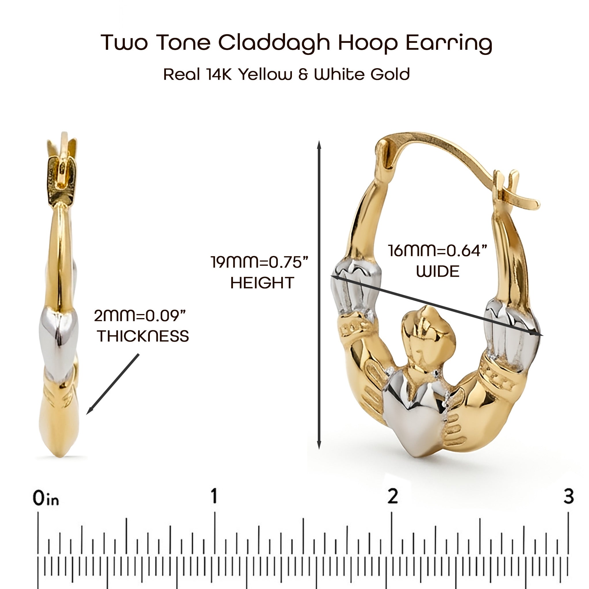 14K Two-Tone Gold Claddagh Hoop Earrings