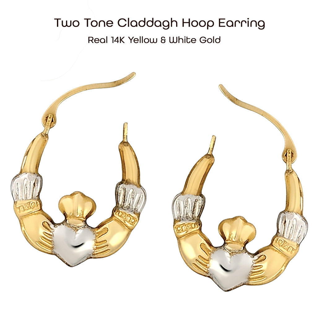 14K Two-Tone Gold Claddagh Hoop Earrings