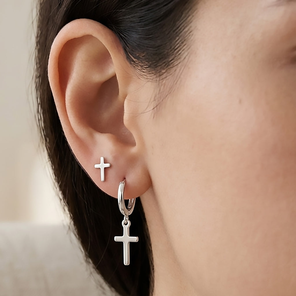 Sterling Silver Cross Earring Set | Dangle Hoop & Stud Earrings for Men & Women
