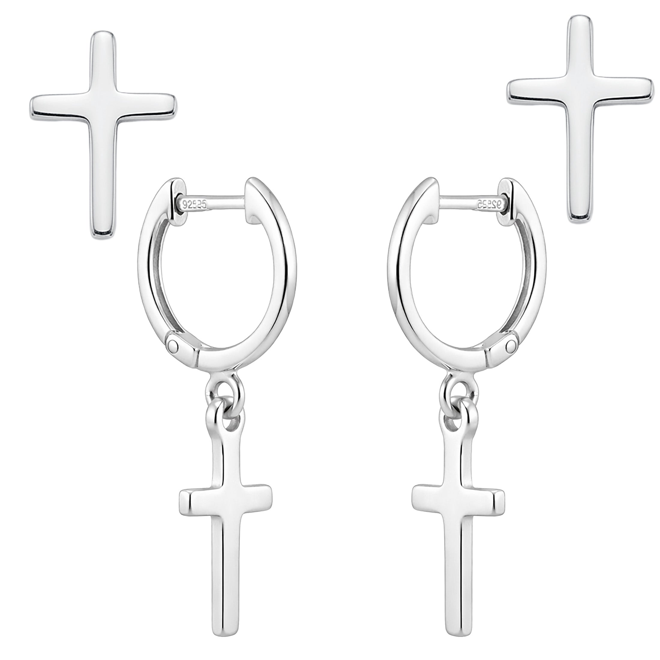 Sterling Silver Cross Earring Set | Dangle Hoop & Stud Earrings for Men & Women