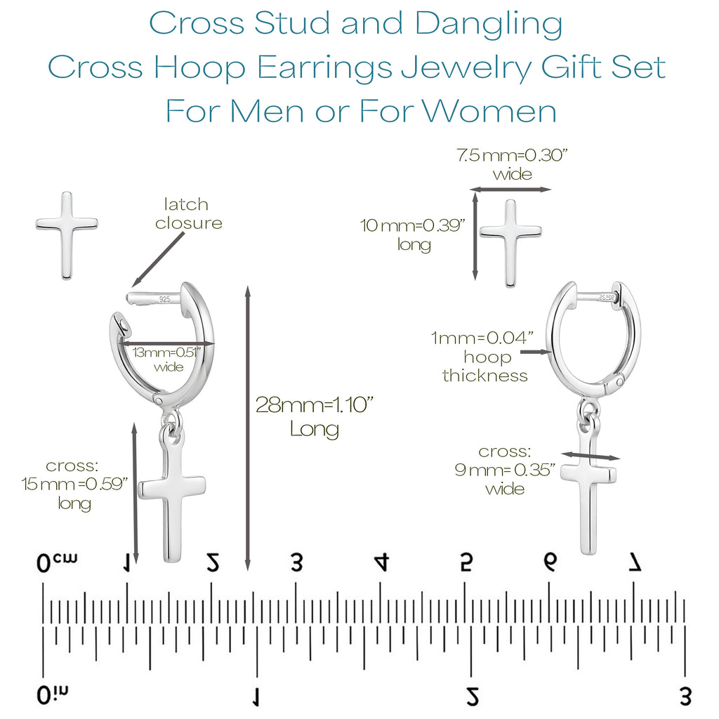 Sterling Silver Cross Earring Set | Dangle Hoop & Stud Earrings for Men & Women