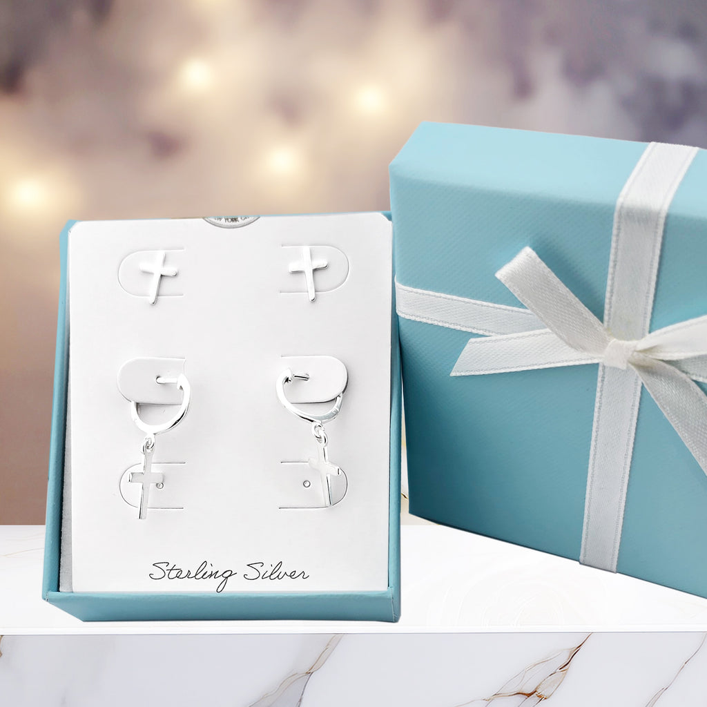 Sterling Silver Cross Earring Set | Dangle Hoop & Stud Earrings for Men & Women