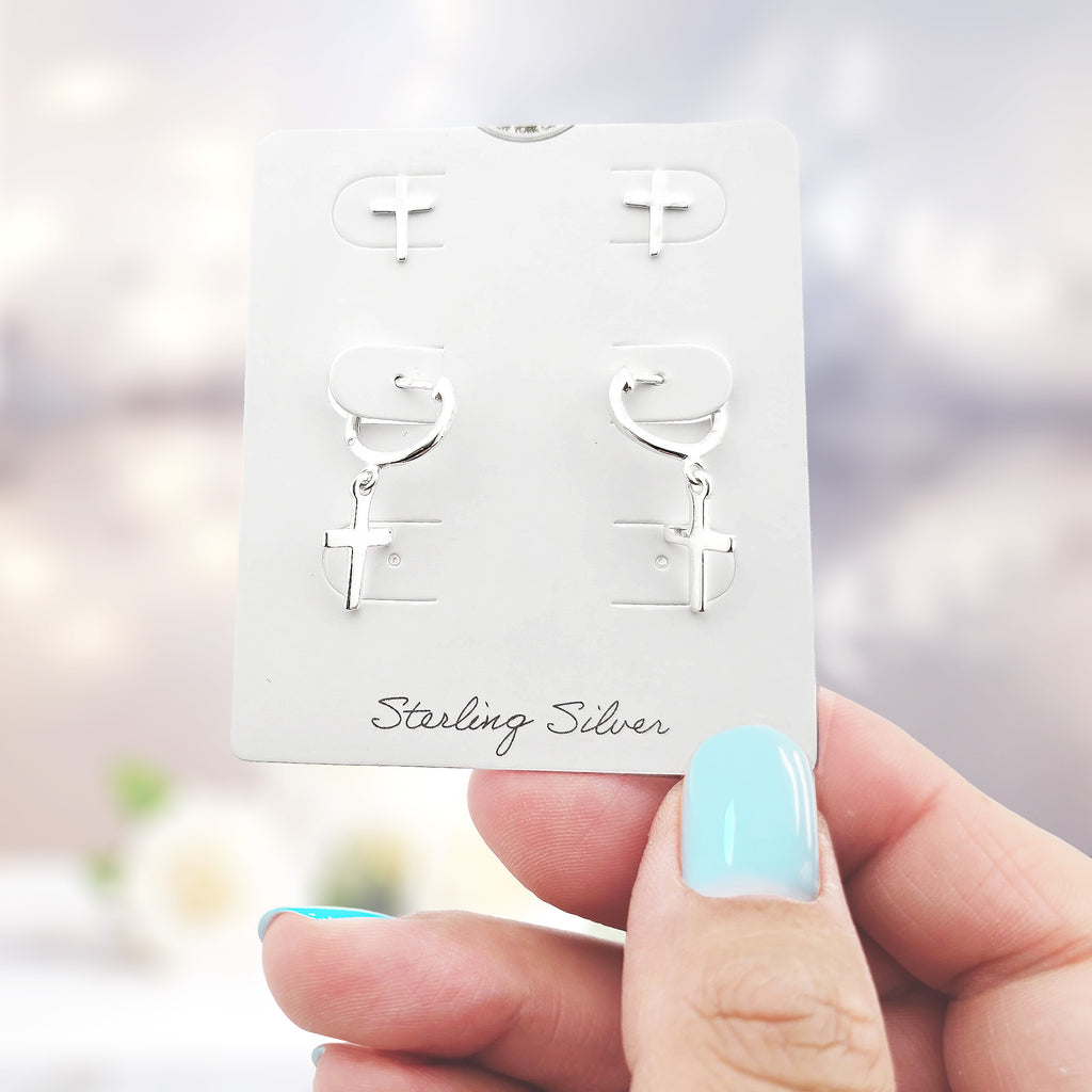 Sterling Silver Cross Earring Set | Dangle Hoop & Stud Earrings for Men & Women