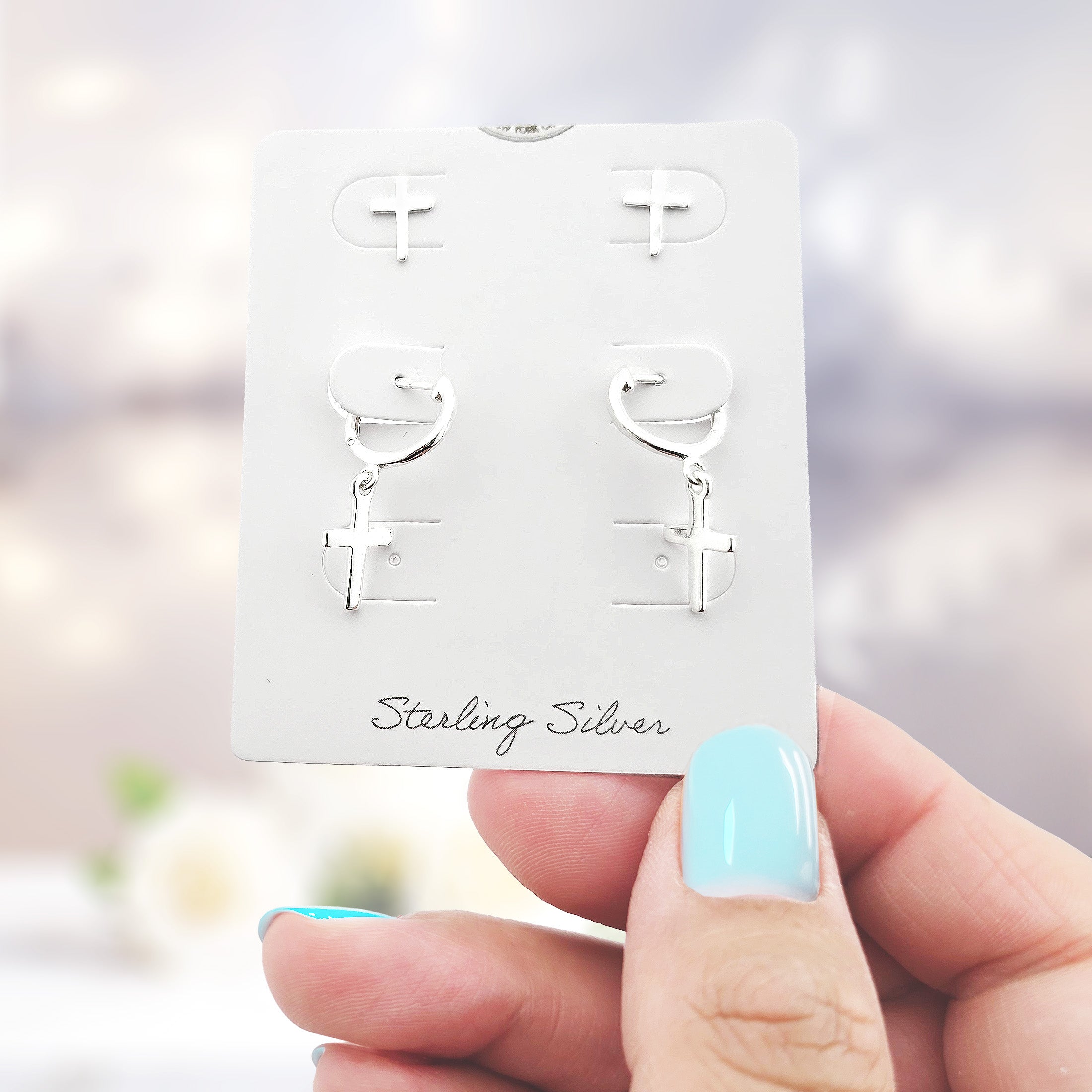 Sterling Silver Cross Earring Set | Dangle Hoop & Stud Earrings for Men & Women