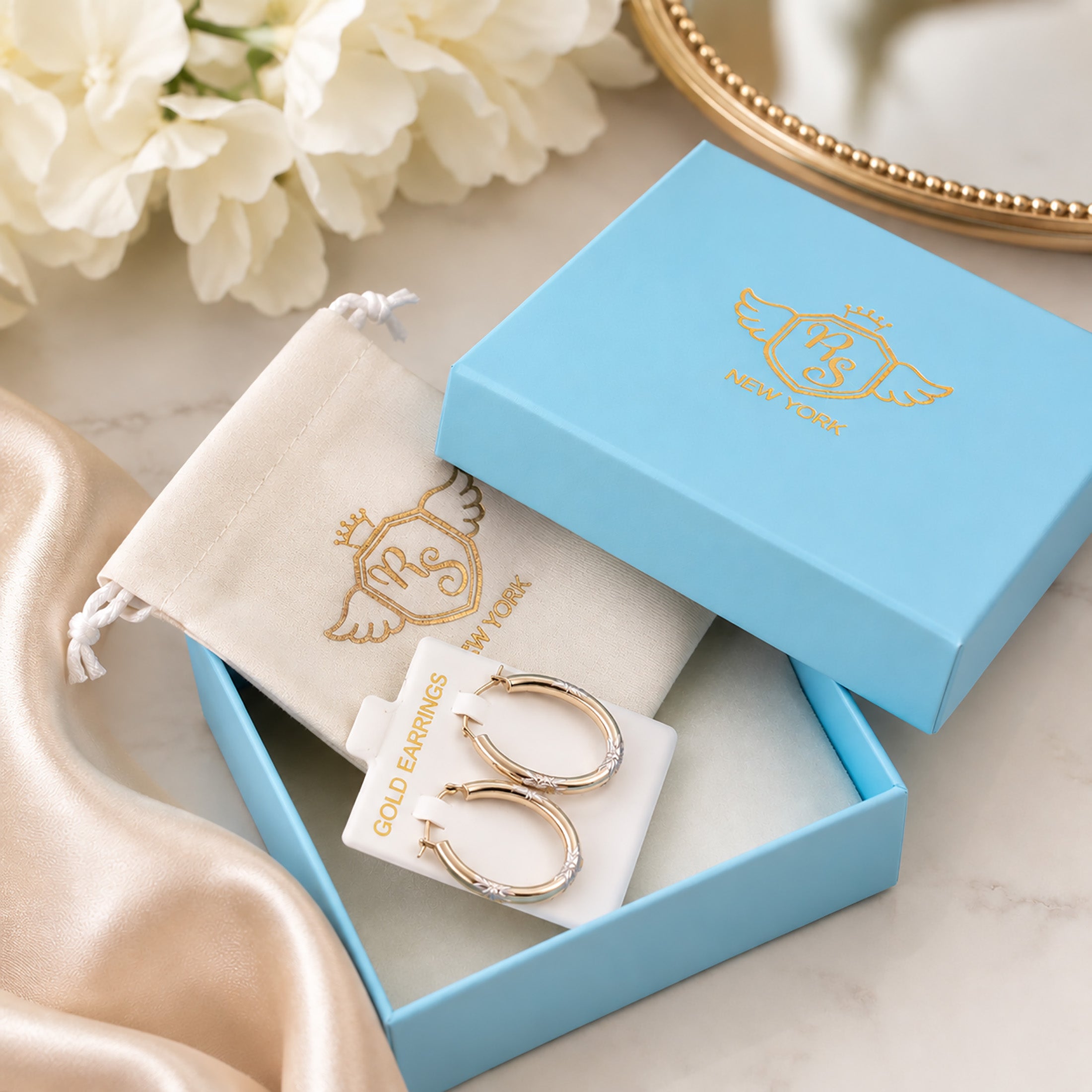14K Gold Floral Hoop Earrings | 25 mm Oval Hinged Gold Hoops