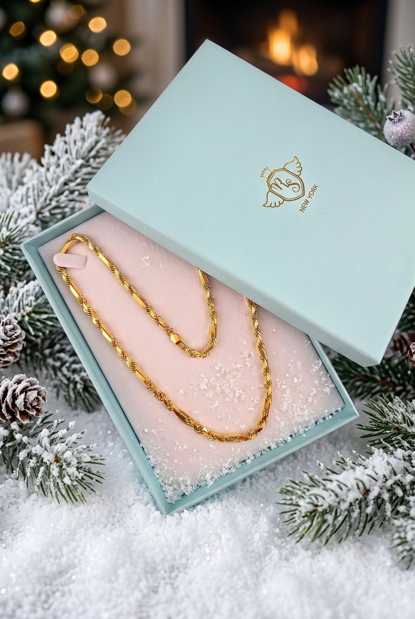 Men Necklace Gold-Plated on real 925 Sterling Silver Figarope Chain, 6mm, 22 or 24 Inches