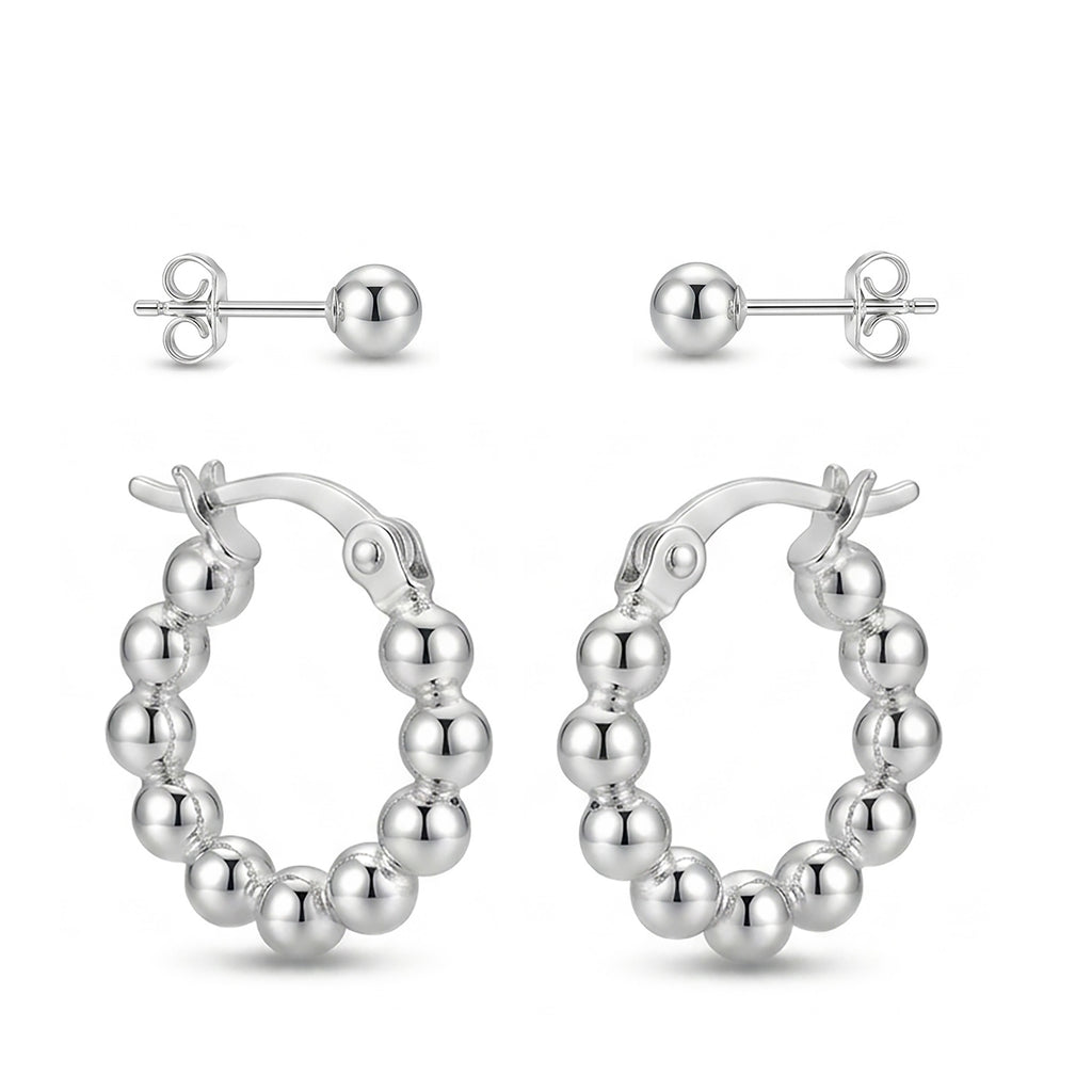 925 Sterling Silver Beaded Hoop Earrings | 16mm Ball Hoop Earrings