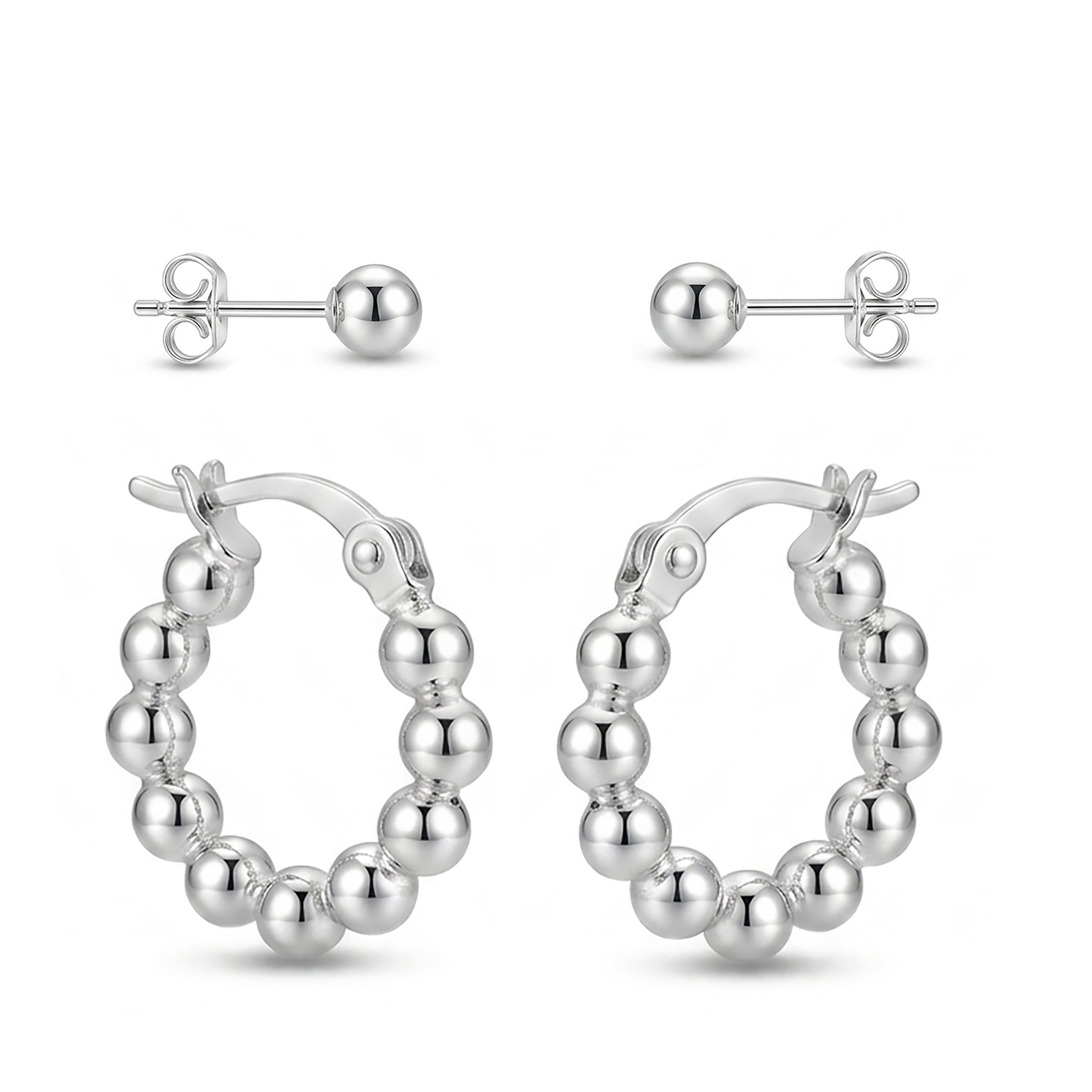 925 Sterling Silver Beaded Hoop Earrings | 16mm Ball Hoop Earrings
