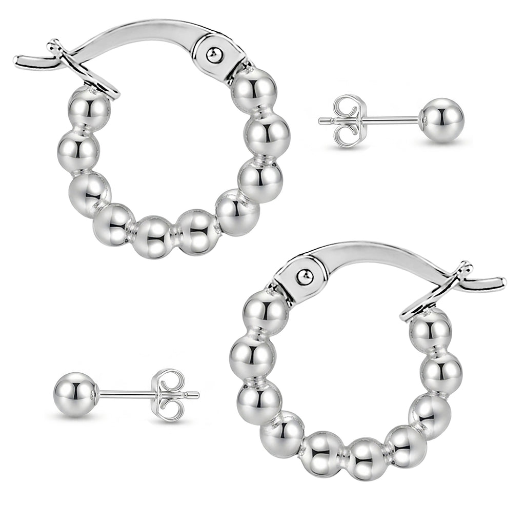 925 Sterling Silver Beaded Hoop Earrings | 16mm Ball Hoop Earrings