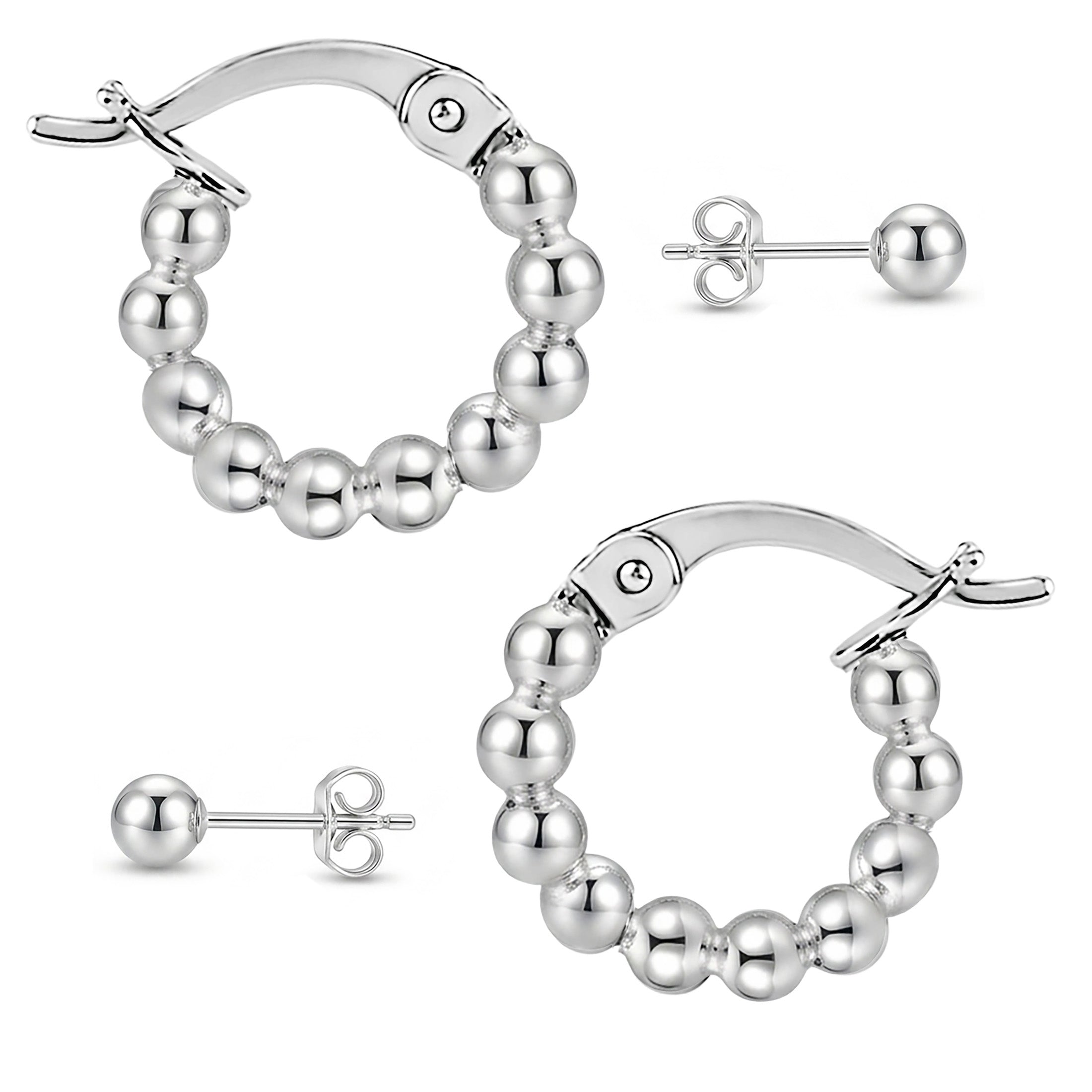 925 Sterling Silver Beaded Hoop Earrings | 16mm Ball Hoop Earrings
