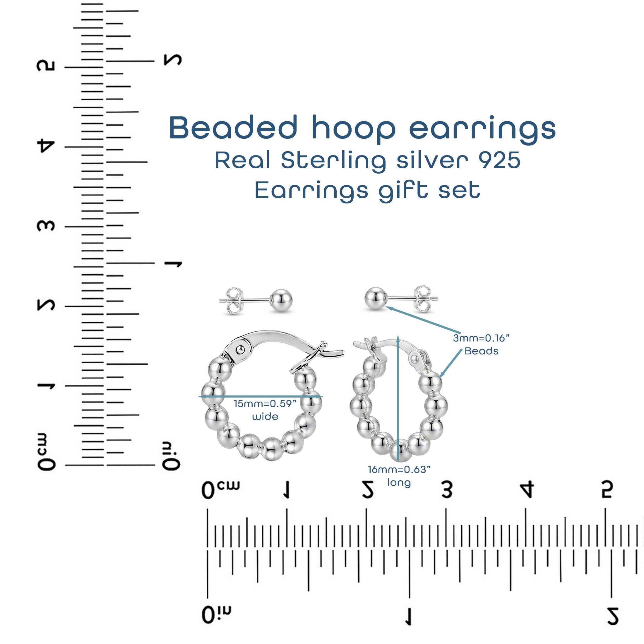 925 Sterling Silver Beaded Hoop Earrings | 16mm Ball Hoop Earrings