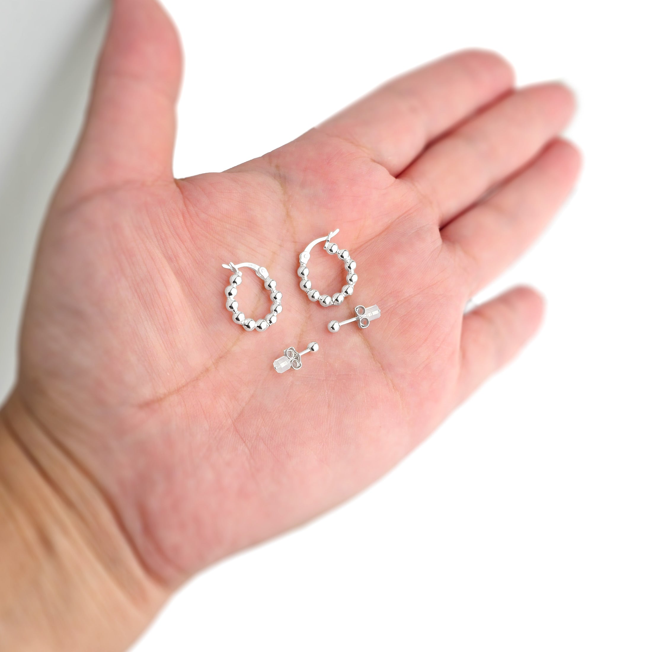 925 Sterling Silver Beaded Hoop Earrings | 16mm Ball Hoop Earrings