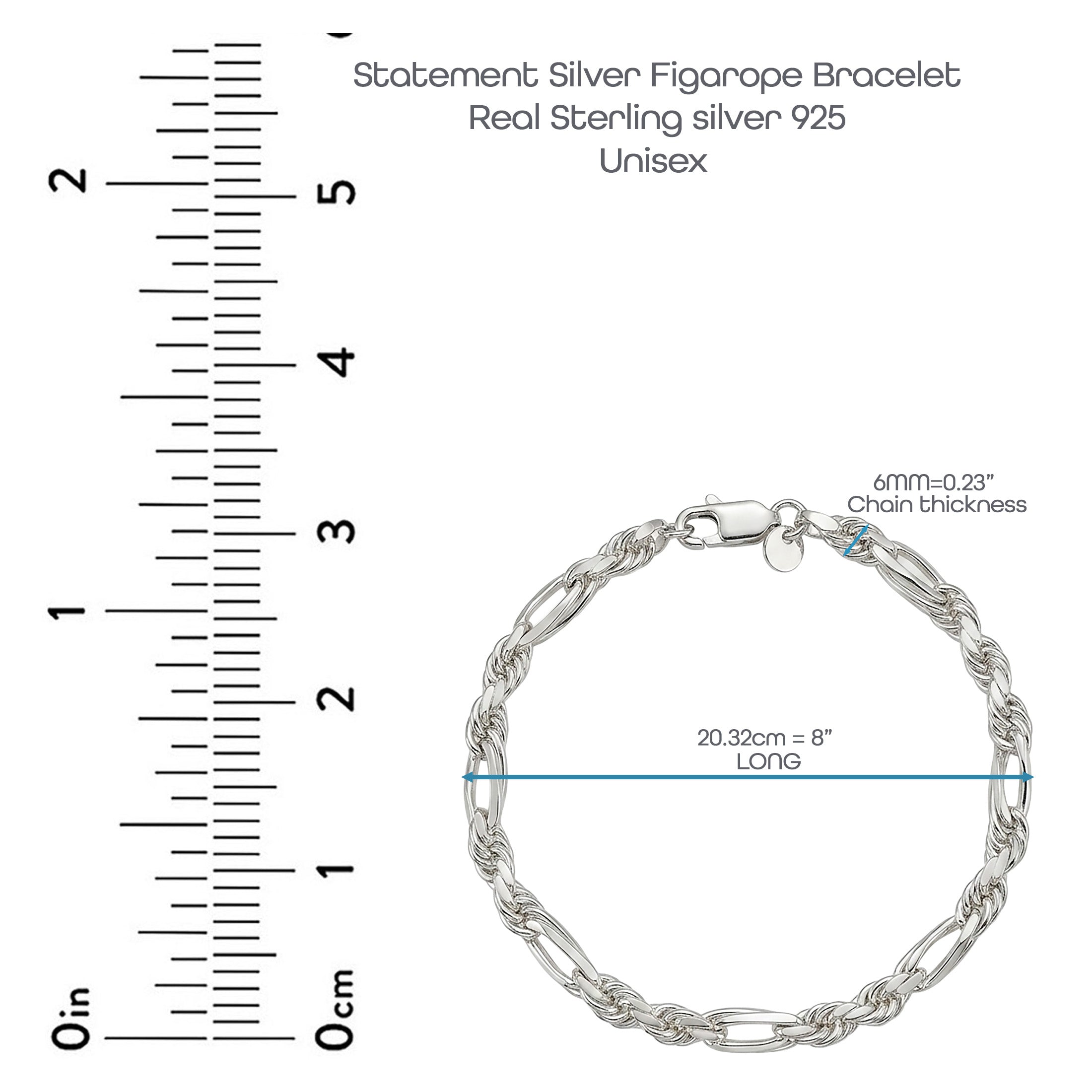 925 Sterling Silver Figarope Bracelet for Men | Silver & Gold Plated 8 Inch Chain Bracelet