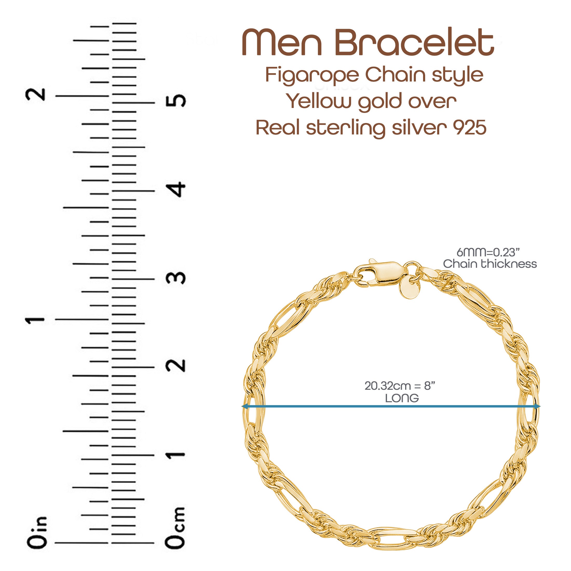 925 Sterling Silver Figarope Bracelet for Men | Silver & Gold Plated 8 Inch Chain Bracelet
