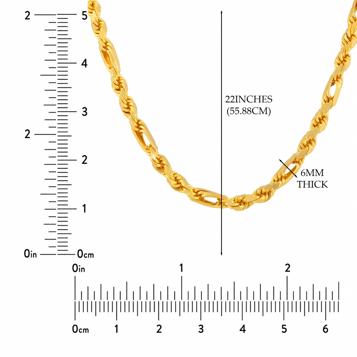 Men Necklace Gold-Plated on real 925 Sterling Silver Figarope Chain, 6mm, 22 or 24 Inches
