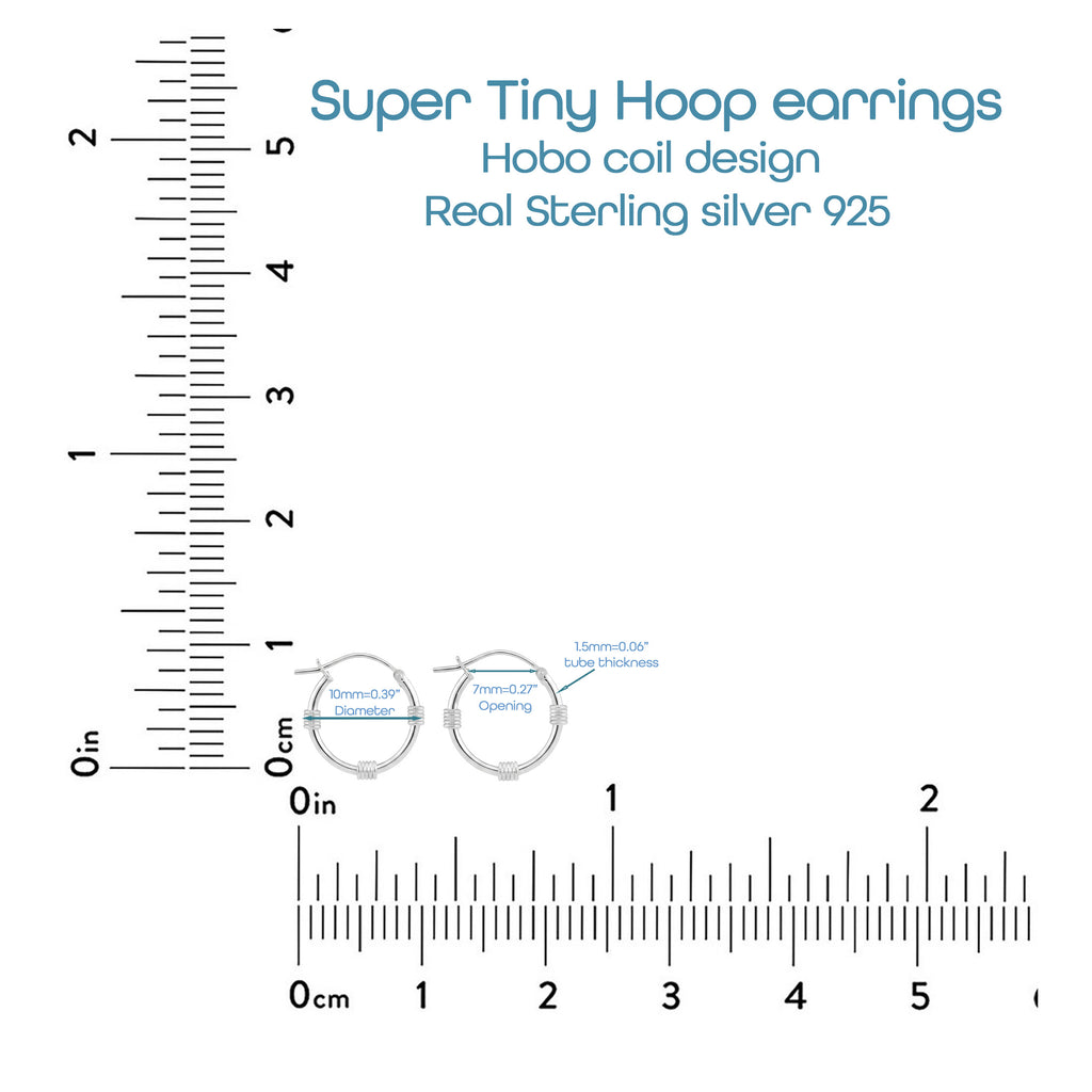 925 Sterling Silver 10mm Tiny Hobo Coil Hoop Earrings