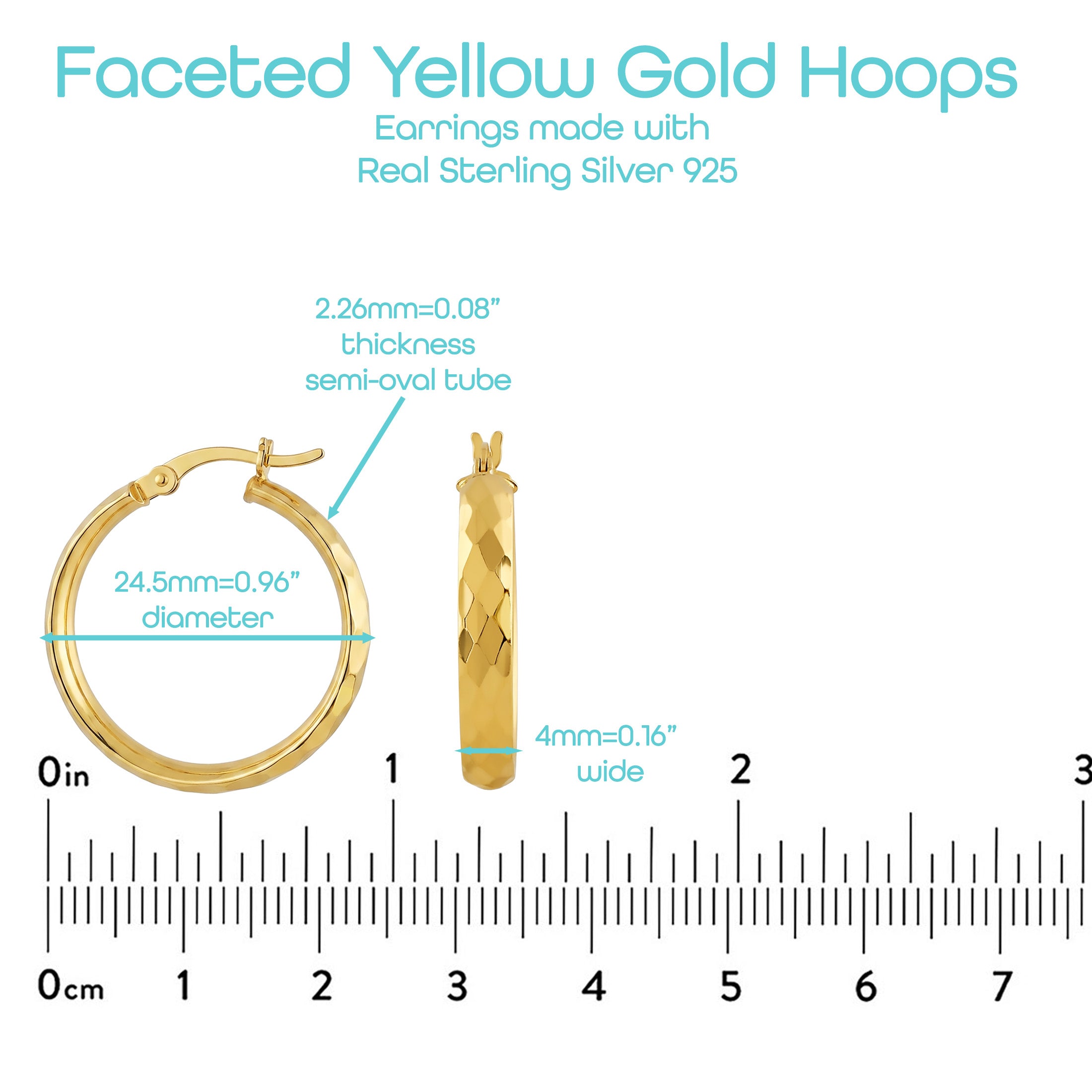 Faceted Yellow Gold Hoop Earrings — Sterling Silver 925