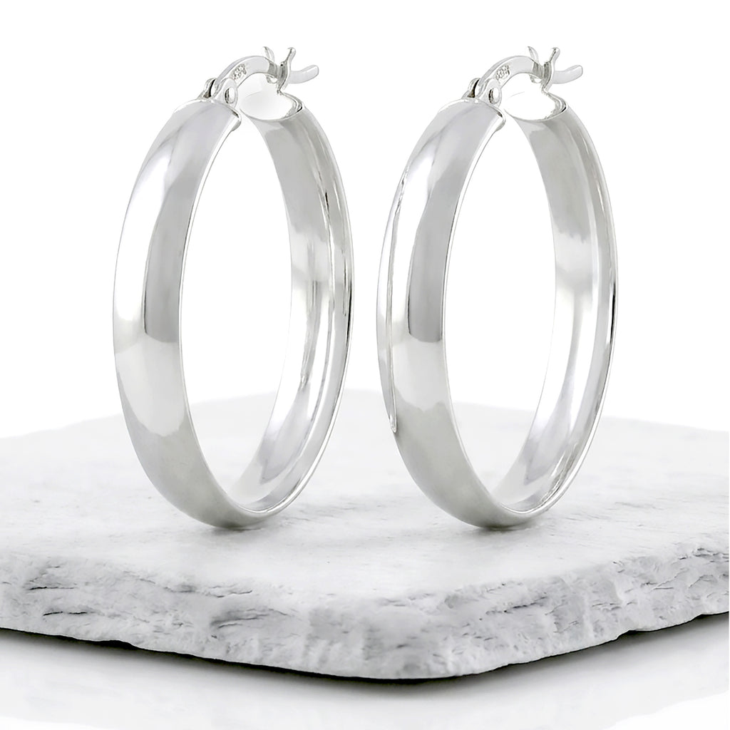 Classic 925 Sterling Silver Hoop Earrings – 30mm Semi Round Flat Tube