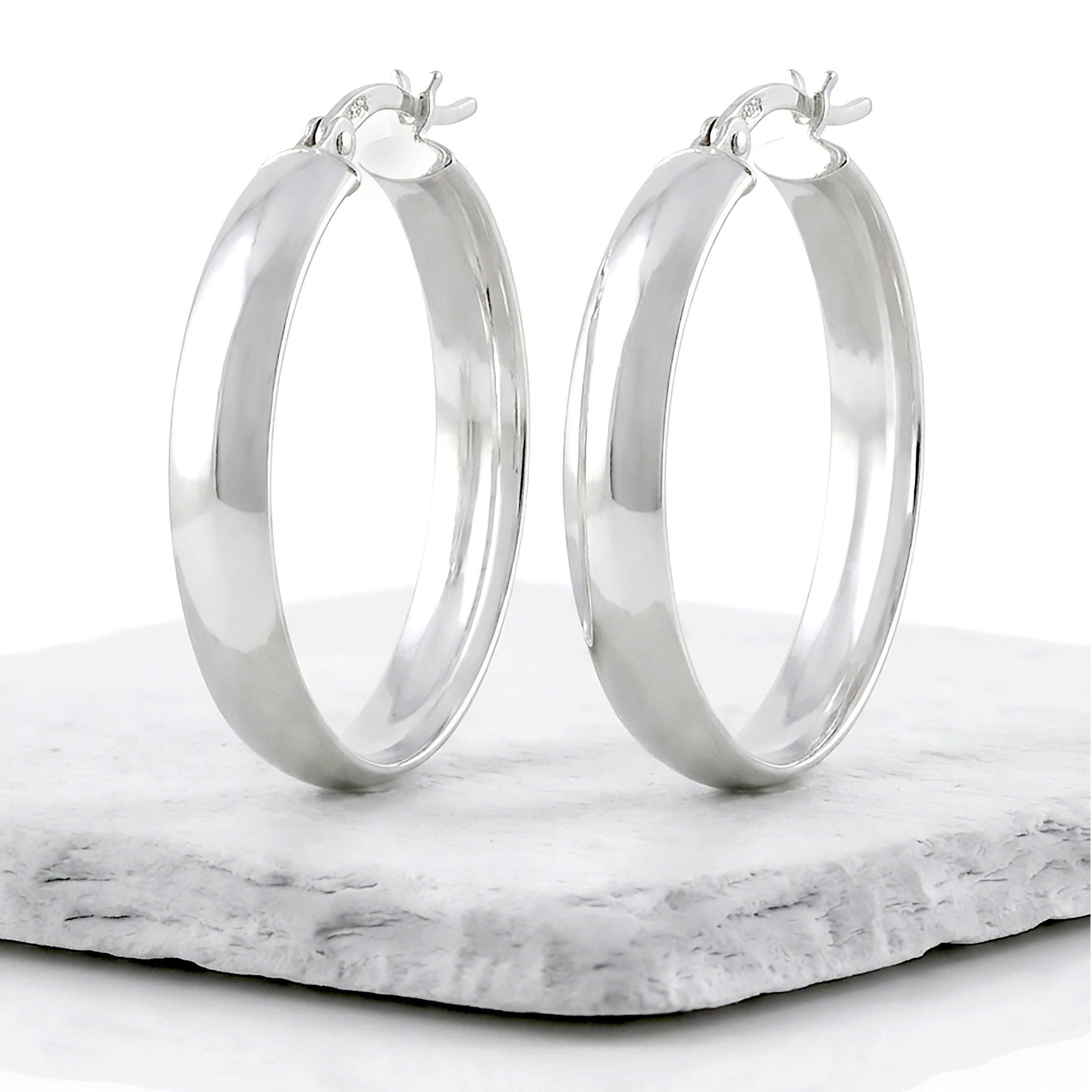 Classic 925 Sterling Silver Hoop Earrings – 30mm Semi Round Flat Tube