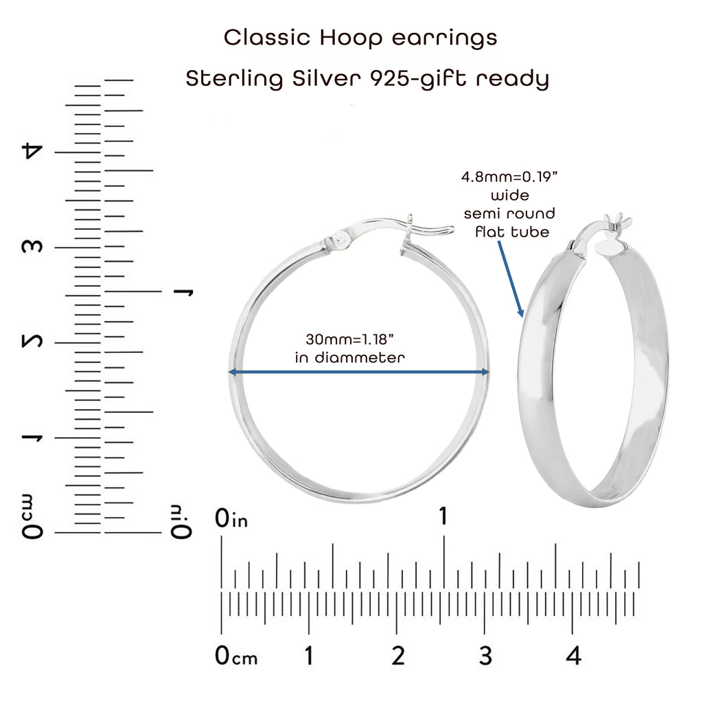 Classic 925 Sterling Silver Hoop Earrings – 30mm Semi Round Flat Tube