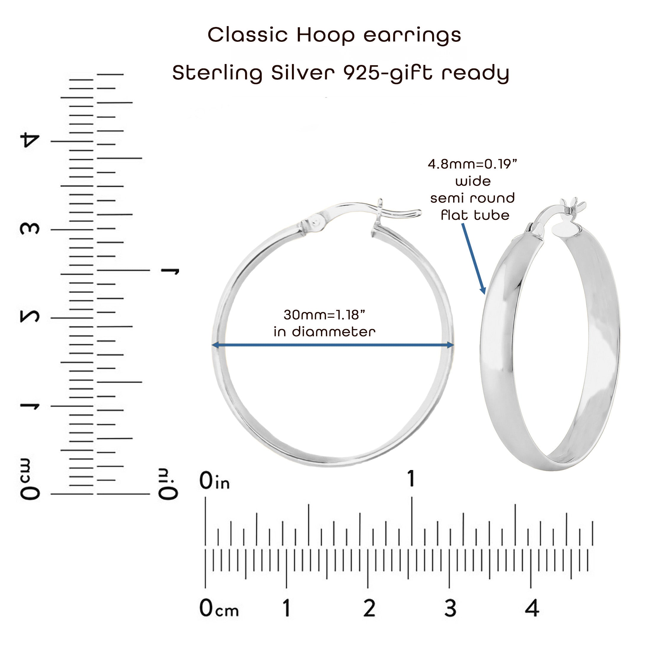 Classic 925 Sterling Silver Hoop Earrings – 30mm Semi Round Flat Tube