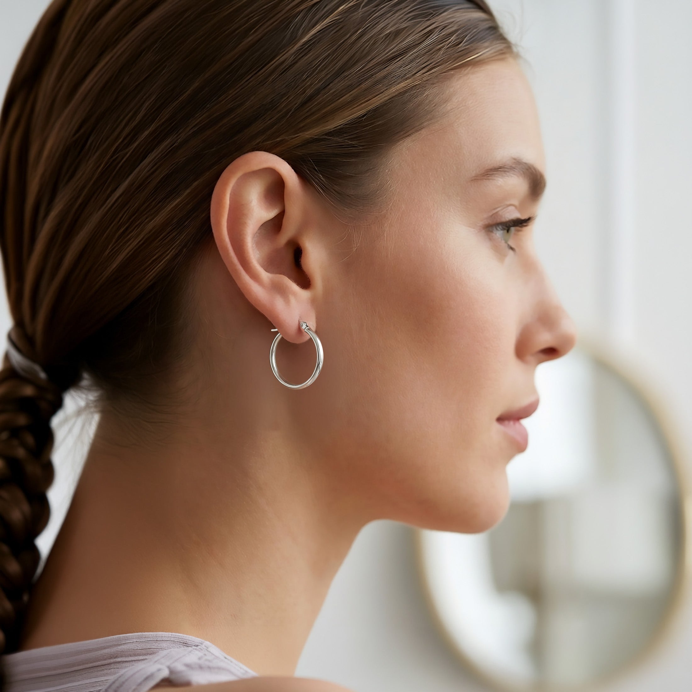 Classic 925 Sterling Silver Hoop Earrings – 30mm Semi Round Flat Tube