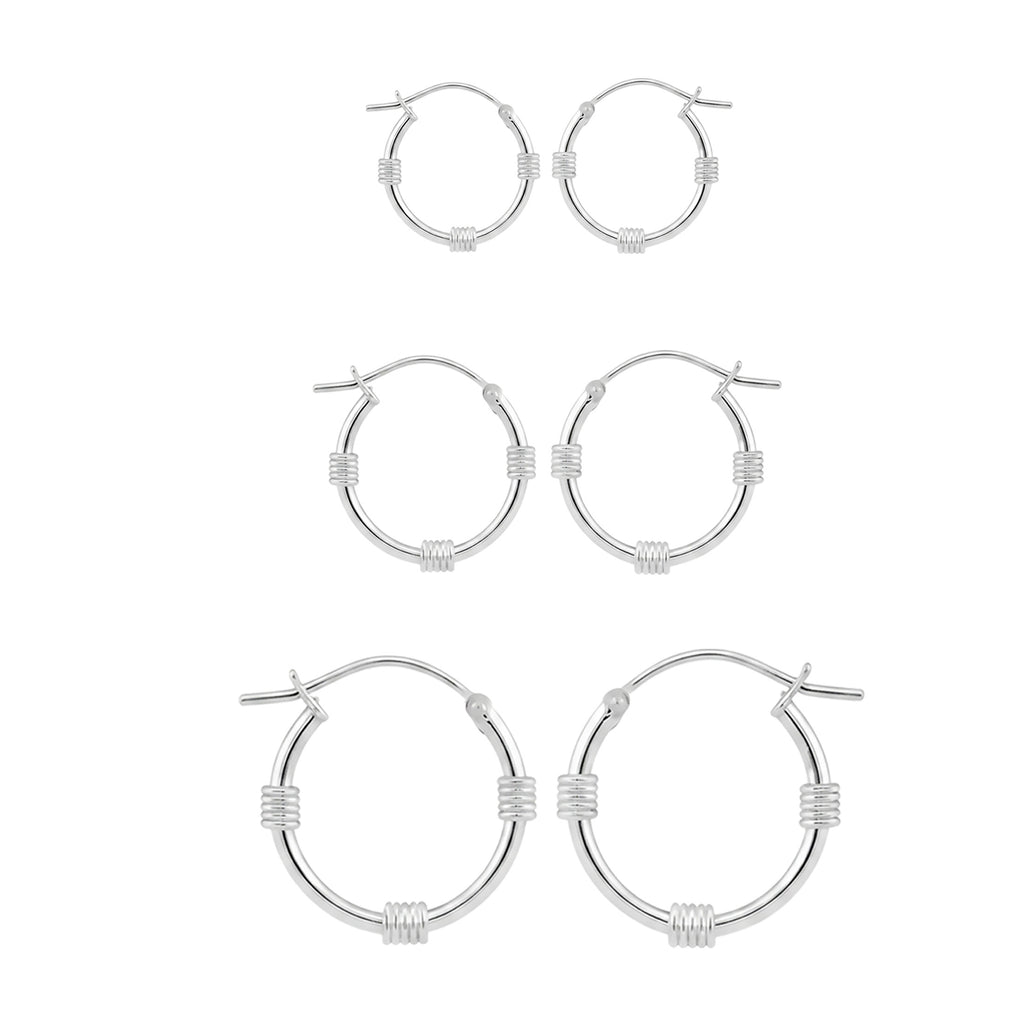 925 Sterling Silver Hoop Earrings Set of 3 Pairs – 10mm, 14mm & 16mm Hobo Coil Hoops