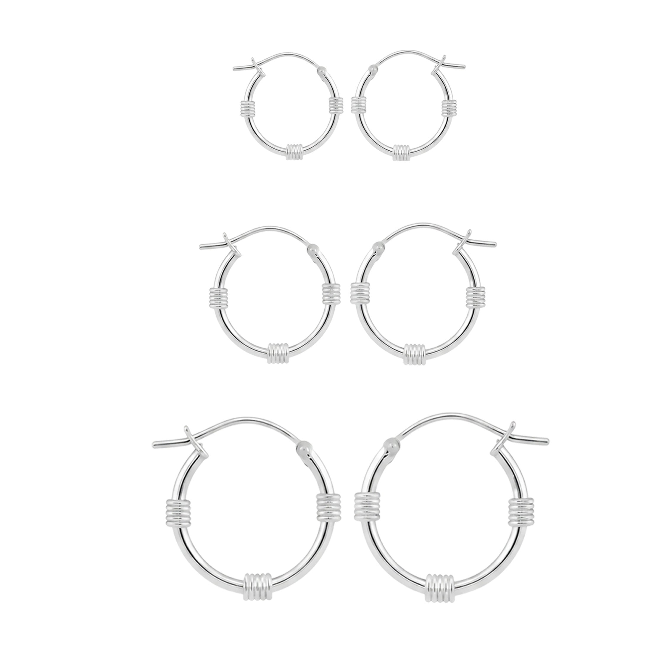 925 Sterling Silver Hoop Earrings Set of 3 Pairs – 10mm, 14mm & 16mm Hobo Coil Hoops