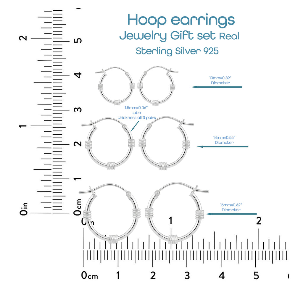 925 Sterling Silver Hoop Earrings Set of 3 Pairs – 10mm, 14mm & 16mm Hobo Coil Hoops