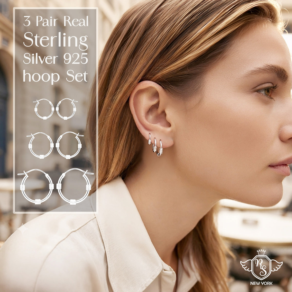 Earrings Gift Set 3 Pairs of Graduated Matching Hoop Earrings- Unisex Real Sterling Silver 925