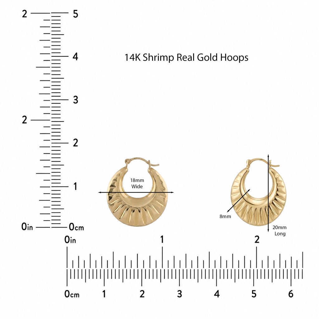 14K Real Gold Shrimp Hoop Earrings – Textured Yellow Gold Hoops
