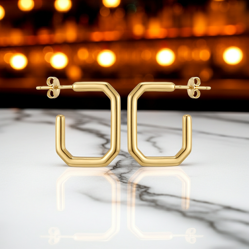 Square Geometric Hoop Earrings – Gold Tone 925 Sterling Silver Modern Minimalist Hoops