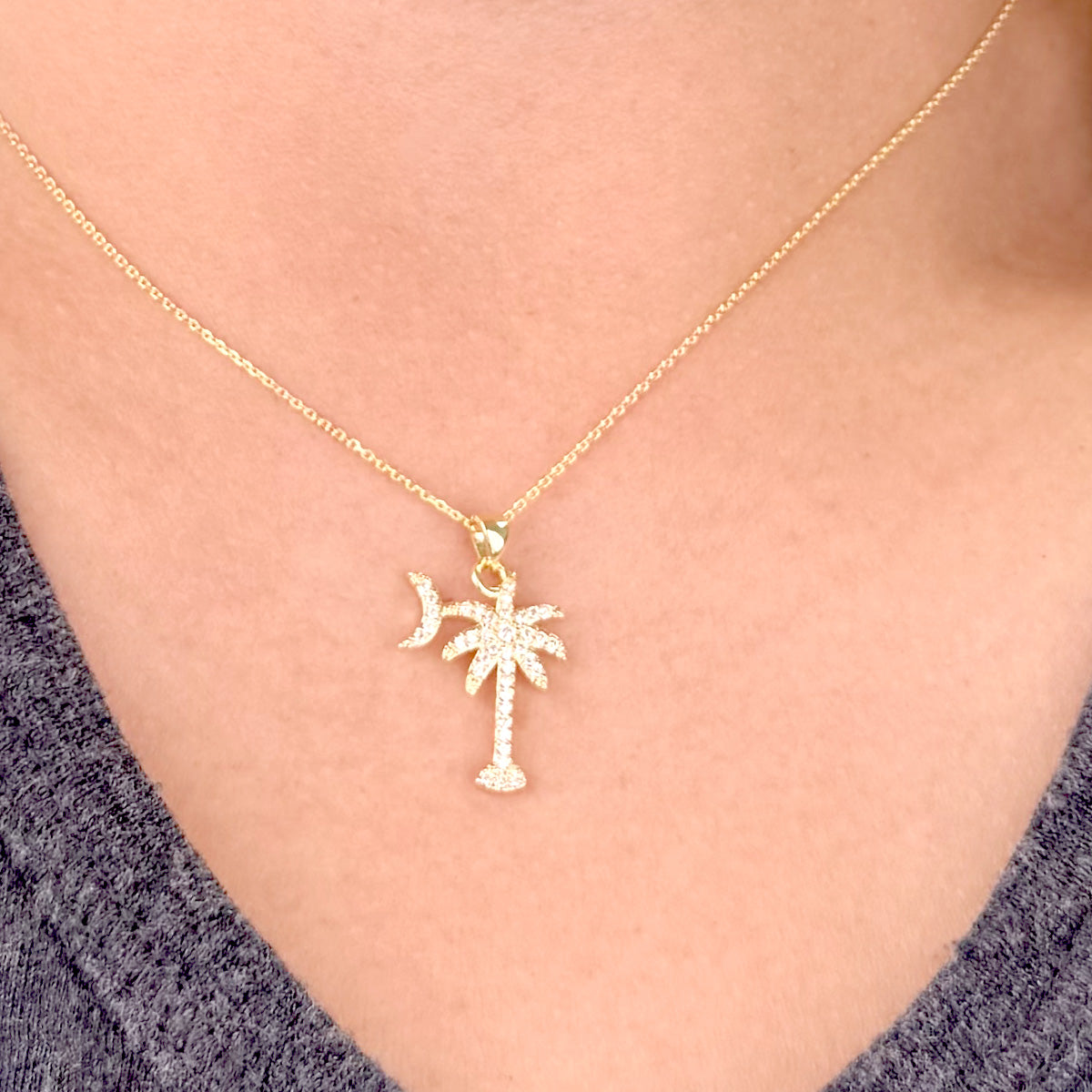 Sterling Silver Palmetto Moon Necklace with Cubic Zirconia - South Carolina Symbol Jewelry