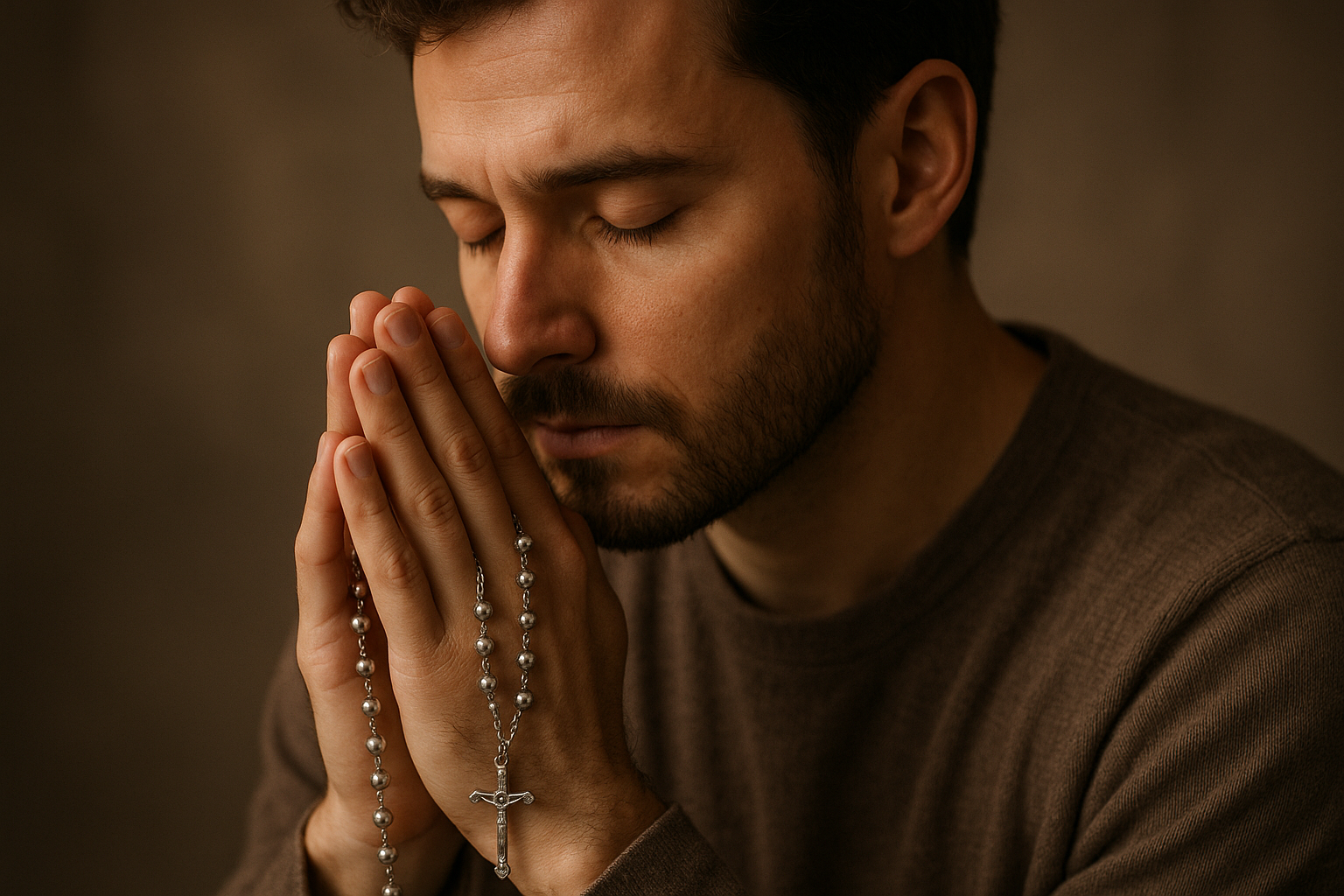 a man praying holding a rosary silver necklace on his hand